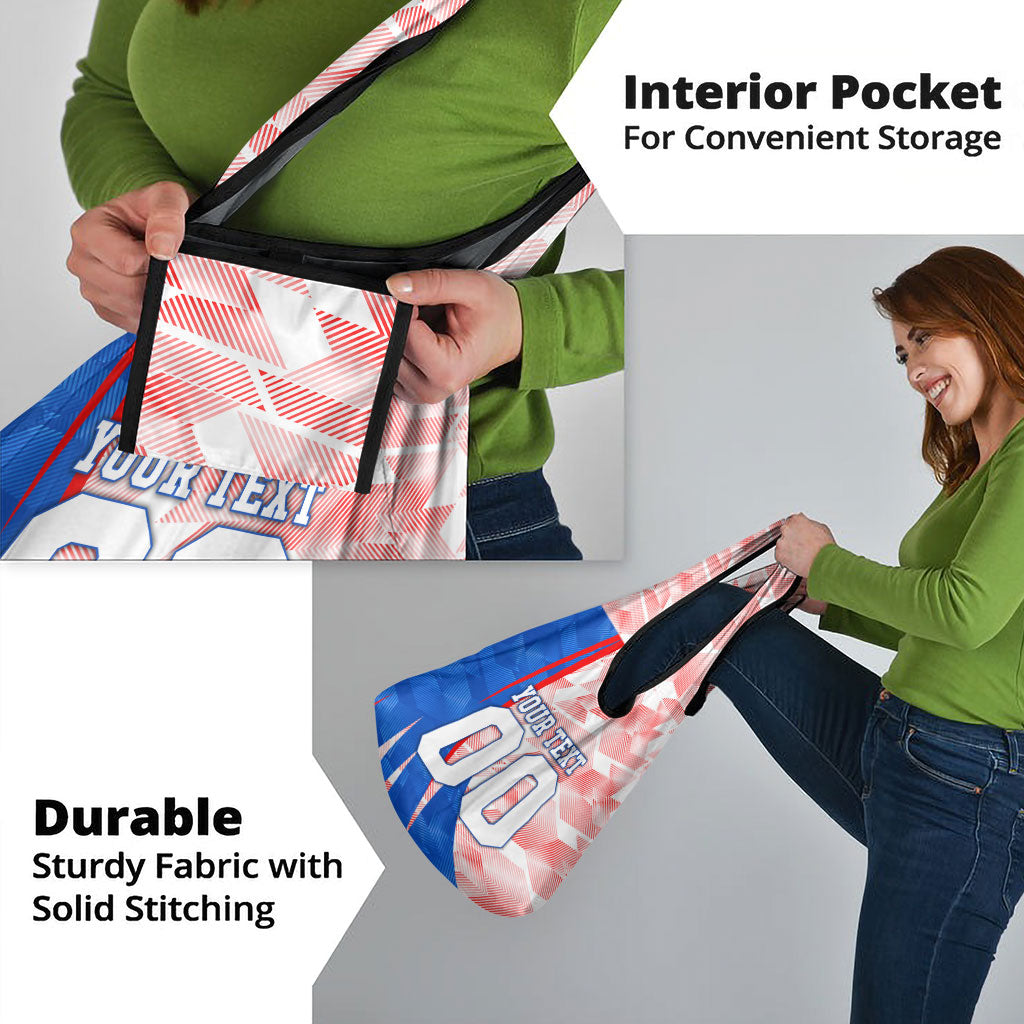 Personalized England Football Grocery Bag Powerful Lion Kicking Ball Red Blue Chevron Zigzag