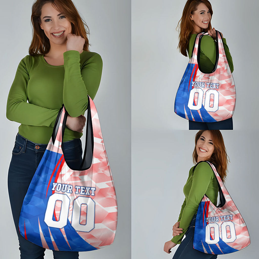 Personalized England Football Grocery Bag Powerful Lion Kicking Ball Red Blue Chevron Zigzag