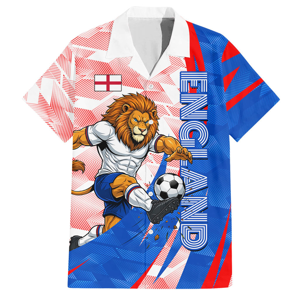 Personalized England Football Hawaiian Shirt Powerful Lion Kicking Ball Red Blue Chevron Zigzag