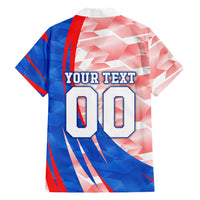 Personalized England Football Hawaiian Shirt Powerful Lion Kicking Ball Red Blue Chevron Zigzag