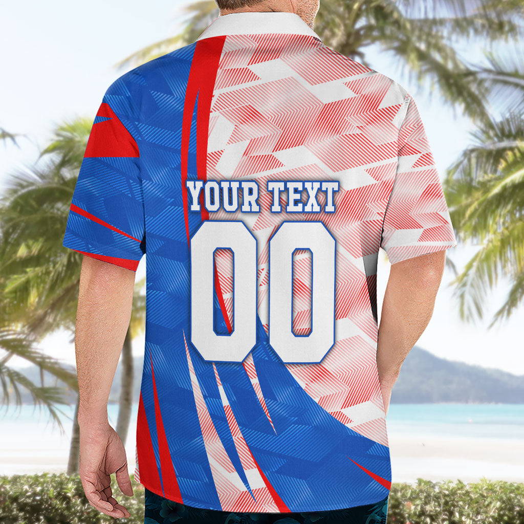 Personalized England Football Hawaiian Shirt Powerful Lion Kicking Ball Red Blue Chevron Zigzag