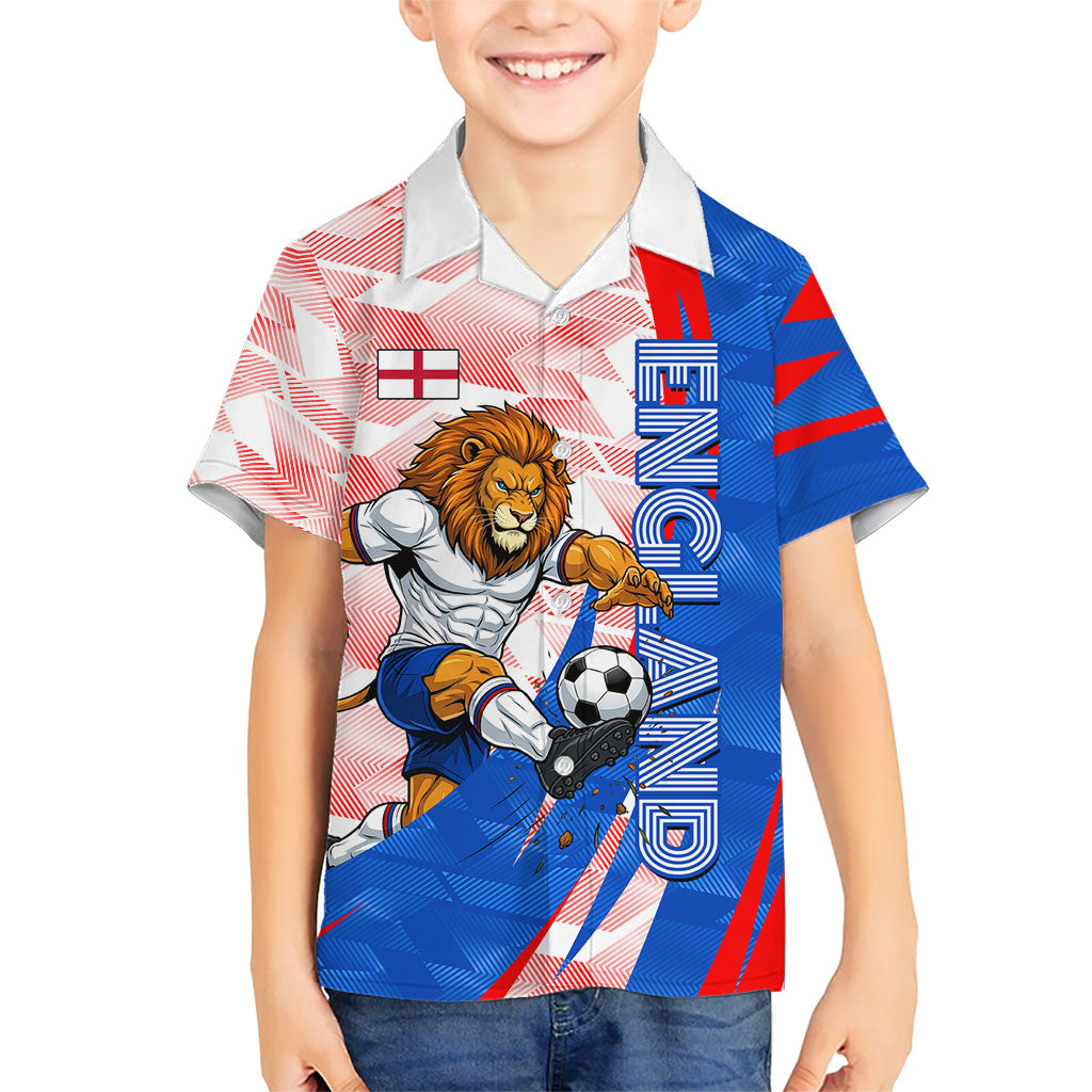 Personalized England Football Hawaiian Shirt Powerful Lion Kicking Ball Red Blue Chevron Zigzag