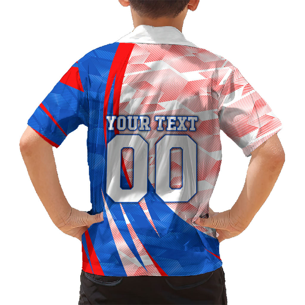 Personalized England Football Hawaiian Shirt Powerful Lion Kicking Ball Red Blue Chevron Zigzag