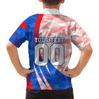 Personalized England Football Hawaiian Shirt Powerful Lion Kicking Ball Red Blue Chevron Zigzag