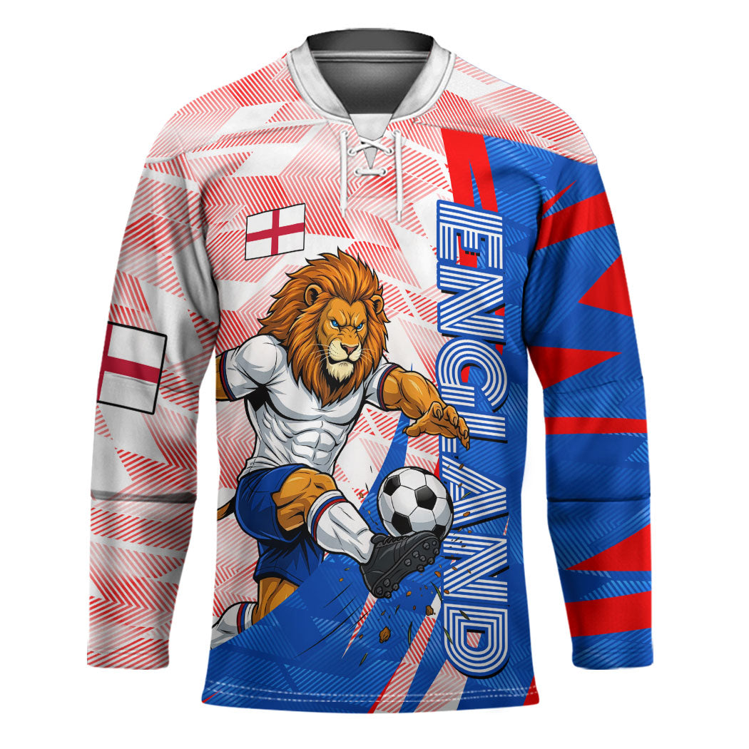 Personalized England Football Hockey Jersey Powerful Lion Kicking Ball Red Blue Chevron Zigzag