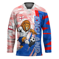 Personalized England Football Hockey Jersey Powerful Lion Kicking Ball Red Blue Chevron Zigzag