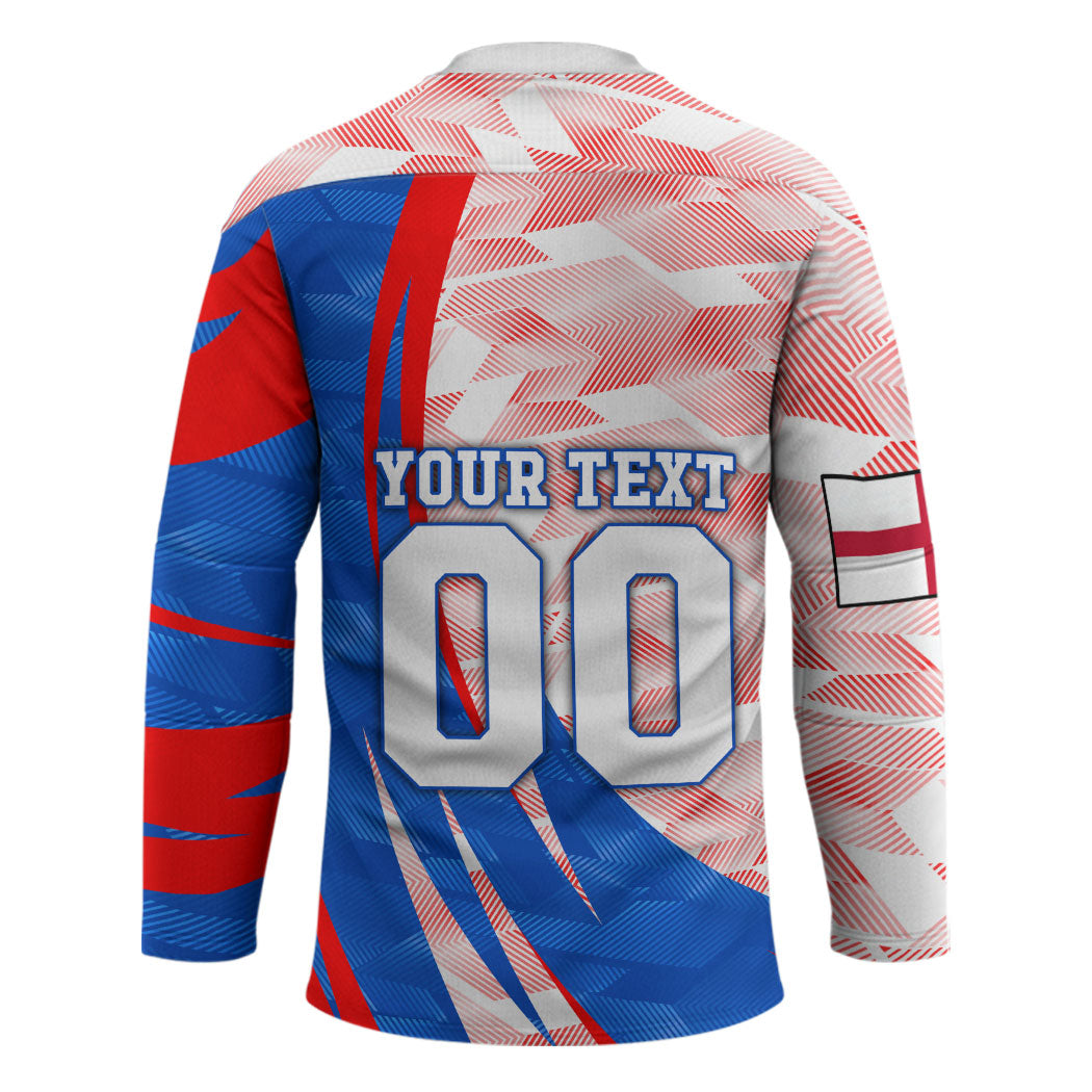Personalized England Football Hockey Jersey Powerful Lion Kicking Ball Red Blue Chevron Zigzag