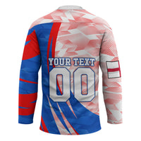 Personalized England Football Hockey Jersey Powerful Lion Kicking Ball Red Blue Chevron Zigzag