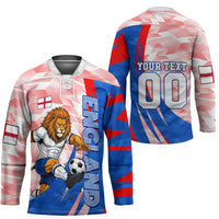 Personalized England Football Hockey Jersey Powerful Lion Kicking Ball Red Blue Chevron Zigzag