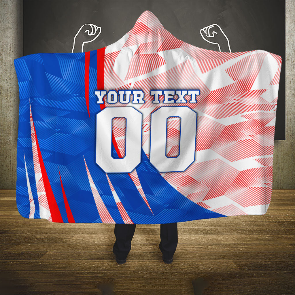 Personalized England Football Hooded Blanket Powerful Lion Kicking Ball Red Blue Chevron Zigzag