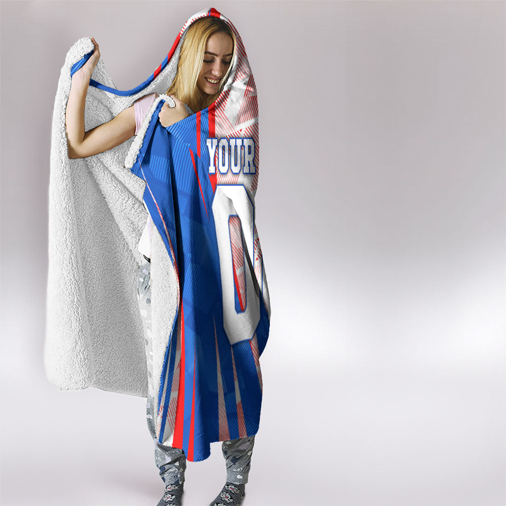 Personalized England Football Hooded Blanket Powerful Lion Kicking Ball Red Blue Chevron Zigzag
