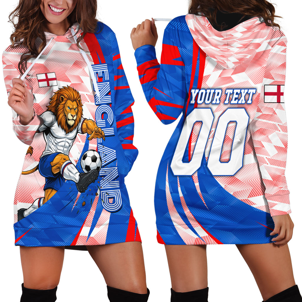 Personalized England Football Hoodie Dress Powerful Lion Kicking Ball Red Blue Chevron Zigzag