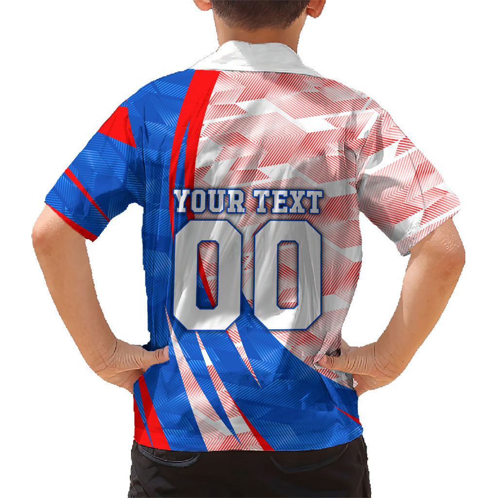 Personalized England Football Kid Hawaiian Shirt Powerful Lion Kicking Ball Red Blue Chevron Zigzag