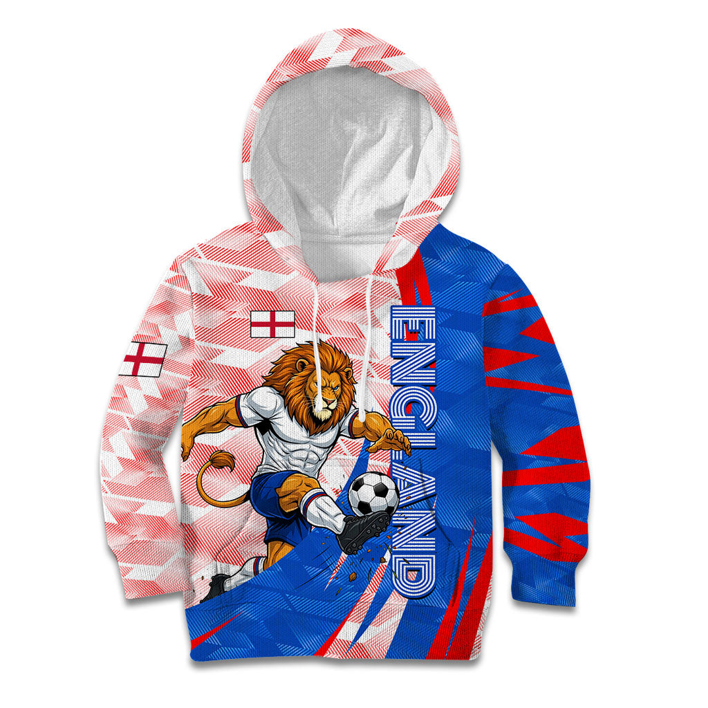 Personalized England Football Kid Hoodie Powerful Lion Kicking Ball Red Blue Chevron Zigzag