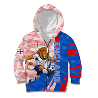 Personalized England Football Kid Hoodie Powerful Lion Kicking Ball Red Blue Chevron Zigzag