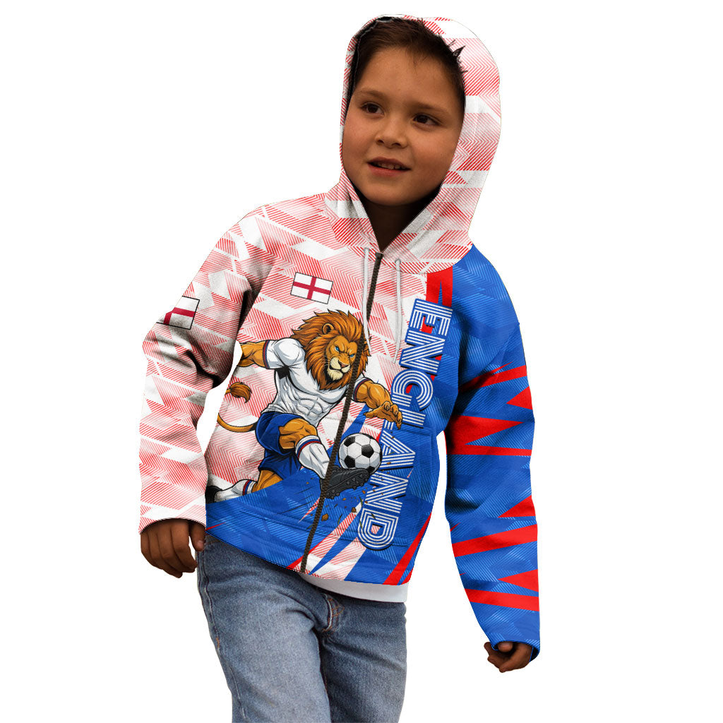 Personalized England Football Kid Hoodie Powerful Lion Kicking Ball Red Blue Chevron Zigzag