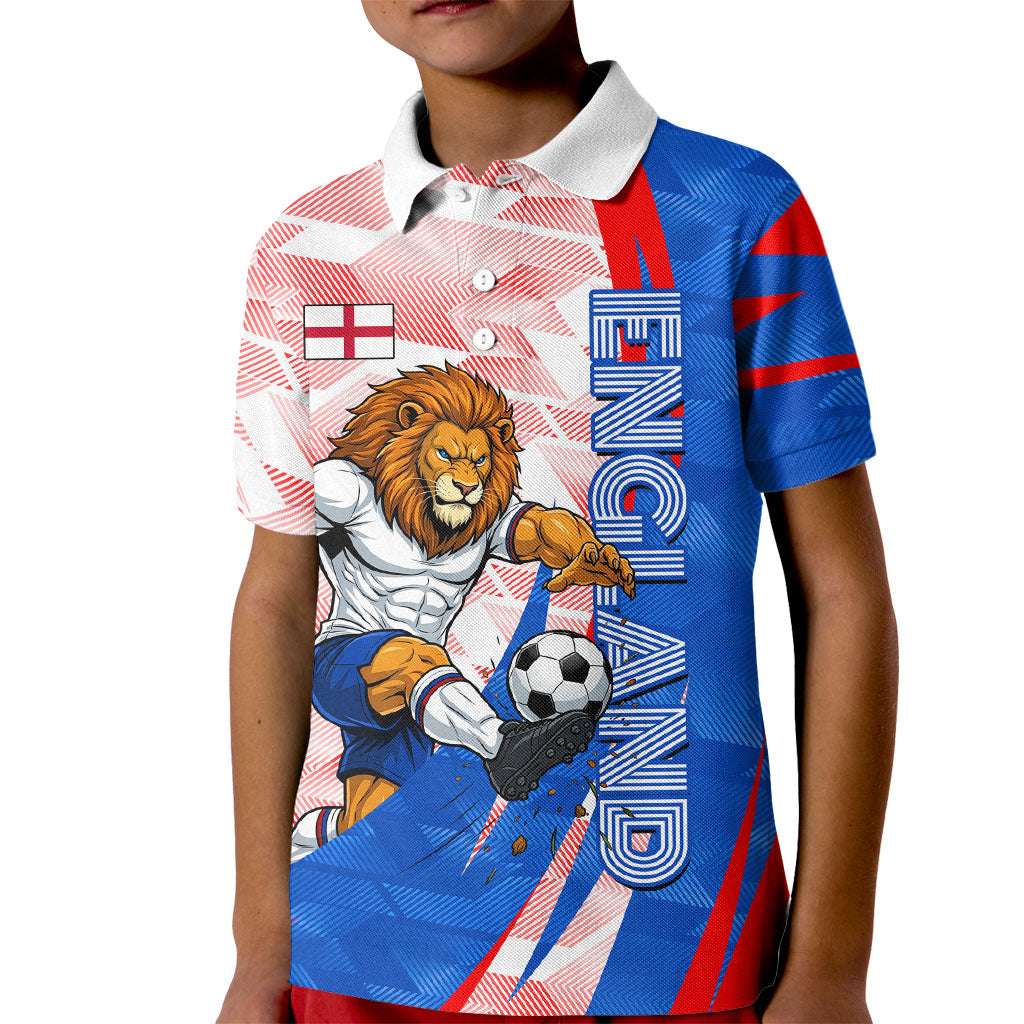 Personalized England Football Kid Polo Shirt Powerful Lion Kicking Ball Red Blue Chevron Zigzag