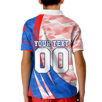 Personalized England Football Kid Polo Shirt Powerful Lion Kicking Ball Red Blue Chevron Zigzag
