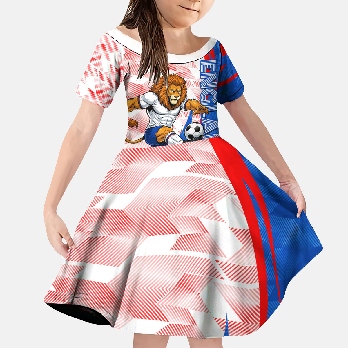 Personalized England Football Kid Short Sleeve Dress Powerful Lion Kicking Ball Red Blue Chevron Zigzag