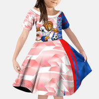 Personalized England Football Kid Short Sleeve Dress Powerful Lion Kicking Ball Red Blue Chevron Zigzag