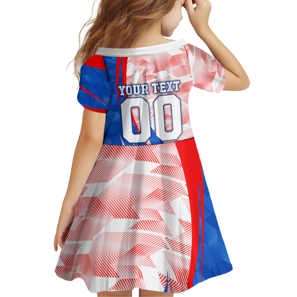 Personalized England Football Kid Short Sleeve Dress Powerful Lion Kicking Ball Red Blue Chevron Zigzag