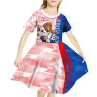 Personalized England Football Kid Short Sleeve Dress Powerful Lion Kicking Ball Red Blue Chevron Zigzag