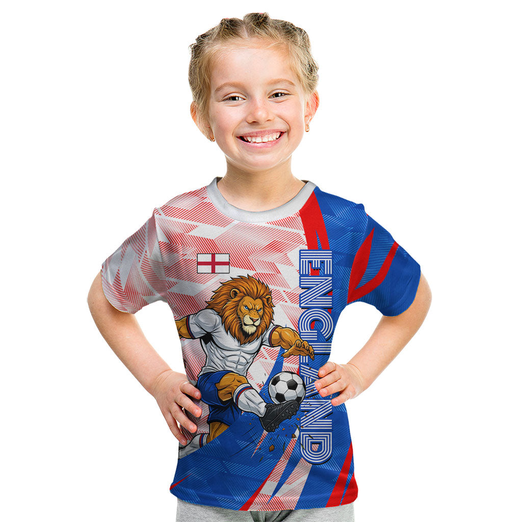 Personalized England Football Kid T Shirt Powerful Lion Kicking Ball Red Blue Chevron Zigzag