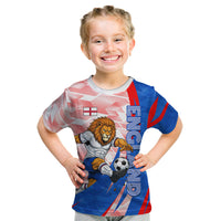 Personalized England Football Kid T Shirt Powerful Lion Kicking Ball Red Blue Chevron Zigzag