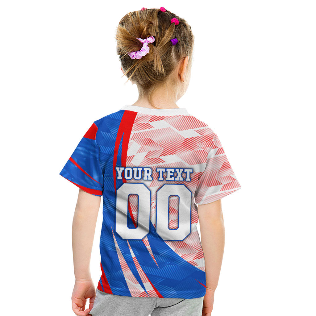 Personalized England Football Kid T Shirt Powerful Lion Kicking Ball Red Blue Chevron Zigzag