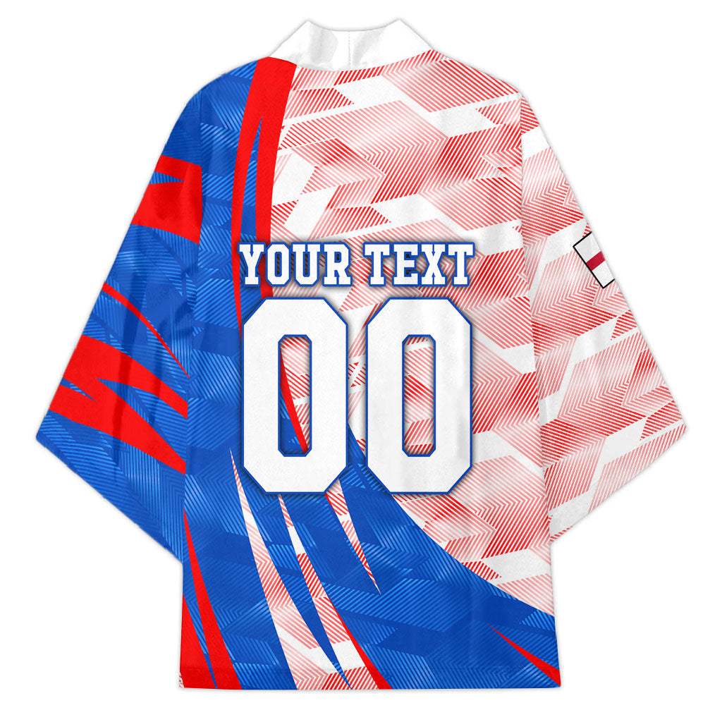 Personalized England Football Kimono Powerful Lion Kicking Ball Red Blue Chevron Zigzag