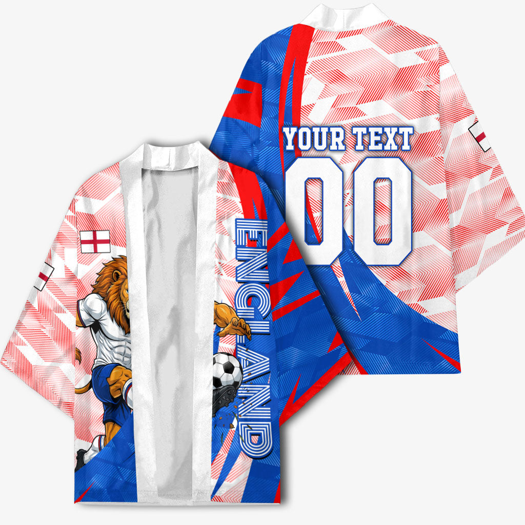 Personalized England Football Kimono Powerful Lion Kicking Ball Red Blue Chevron Zigzag