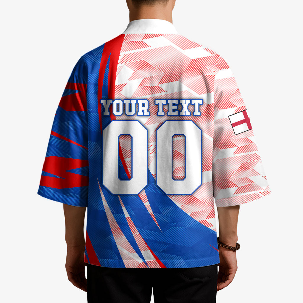 Personalized England Football Kimono Powerful Lion Kicking Ball Red Blue Chevron Zigzag