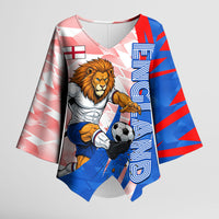 Personalized England Football Kimono Sleeve Blouse Powerful Lion Kicking Ball Red Blue Chevron Zigzag