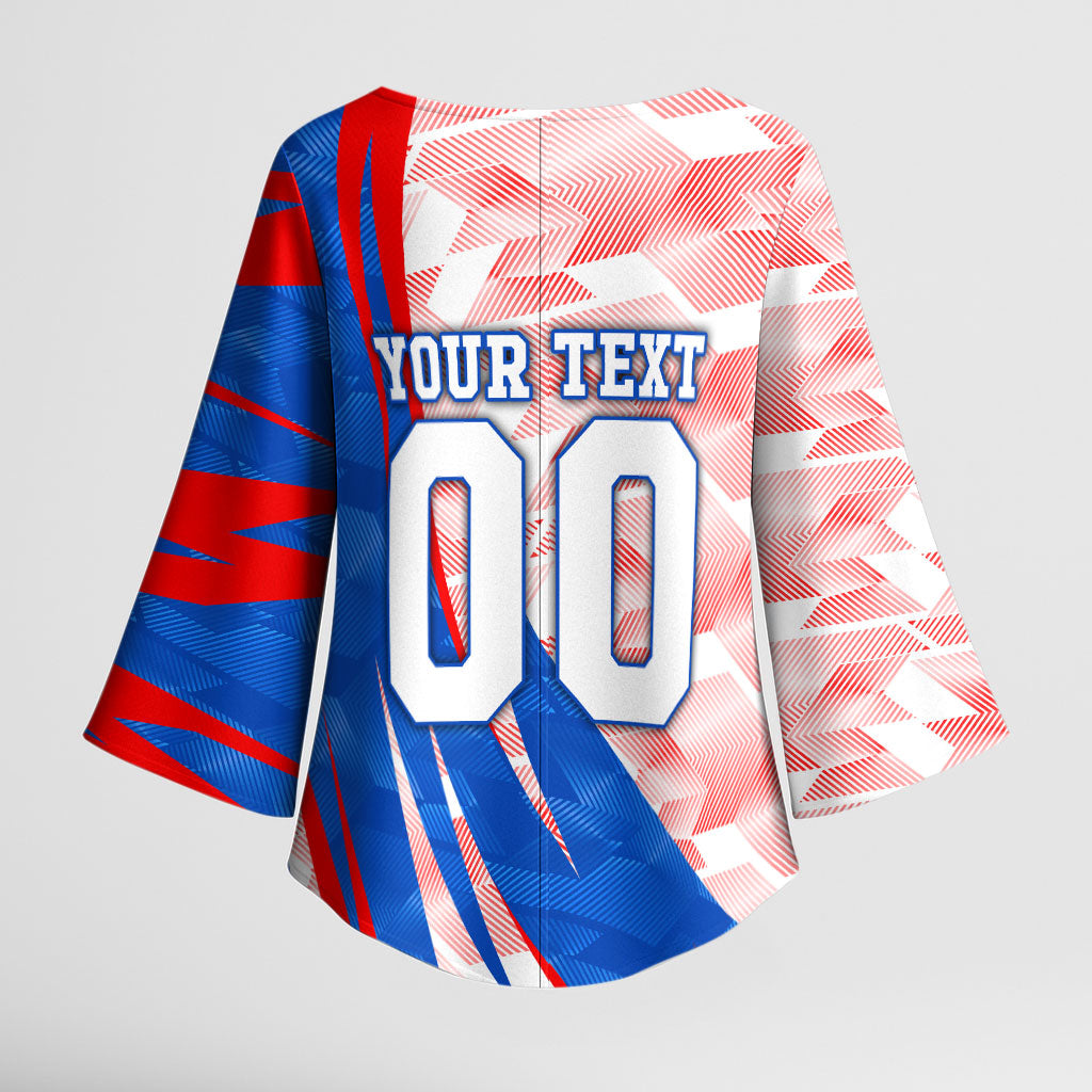 Personalized England Football Kimono Sleeve Blouse Powerful Lion Kicking Ball Red Blue Chevron Zigzag