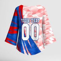 Personalized England Football Kimono Sleeve Blouse Powerful Lion Kicking Ball Red Blue Chevron Zigzag