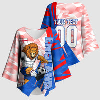 Personalized England Football Kimono Sleeve Blouse Powerful Lion Kicking Ball Red Blue Chevron Zigzag
