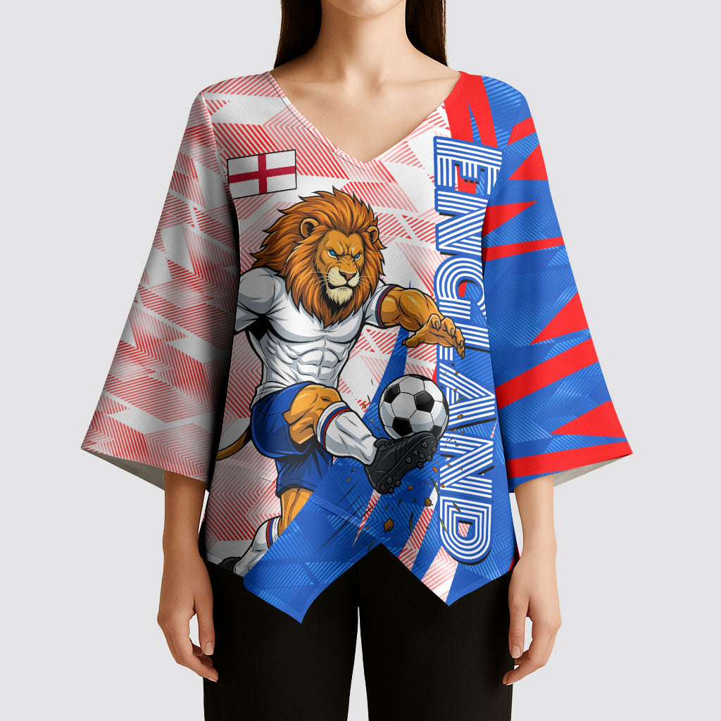 Personalized England Football Kimono Sleeve Blouse Powerful Lion Kicking Ball Red Blue Chevron Zigzag