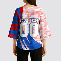 Personalized England Football Kimono Sleeve Blouse Powerful Lion Kicking Ball Red Blue Chevron Zigzag