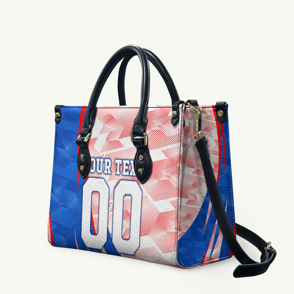 Personalized England Football Leather Bag Powerful Lion Kicking Ball Red Blue Chevron Zigzag