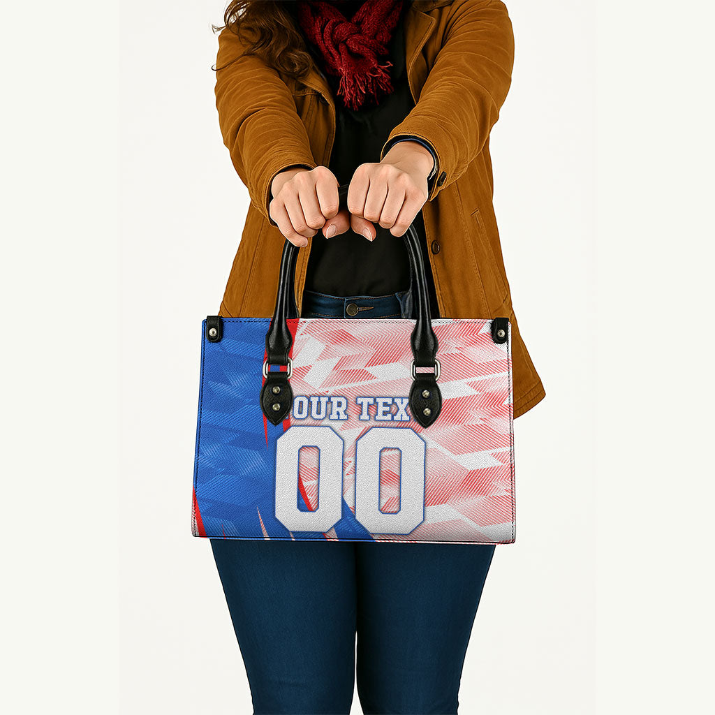 Personalized England Football Leather Bag Powerful Lion Kicking Ball Red Blue Chevron Zigzag