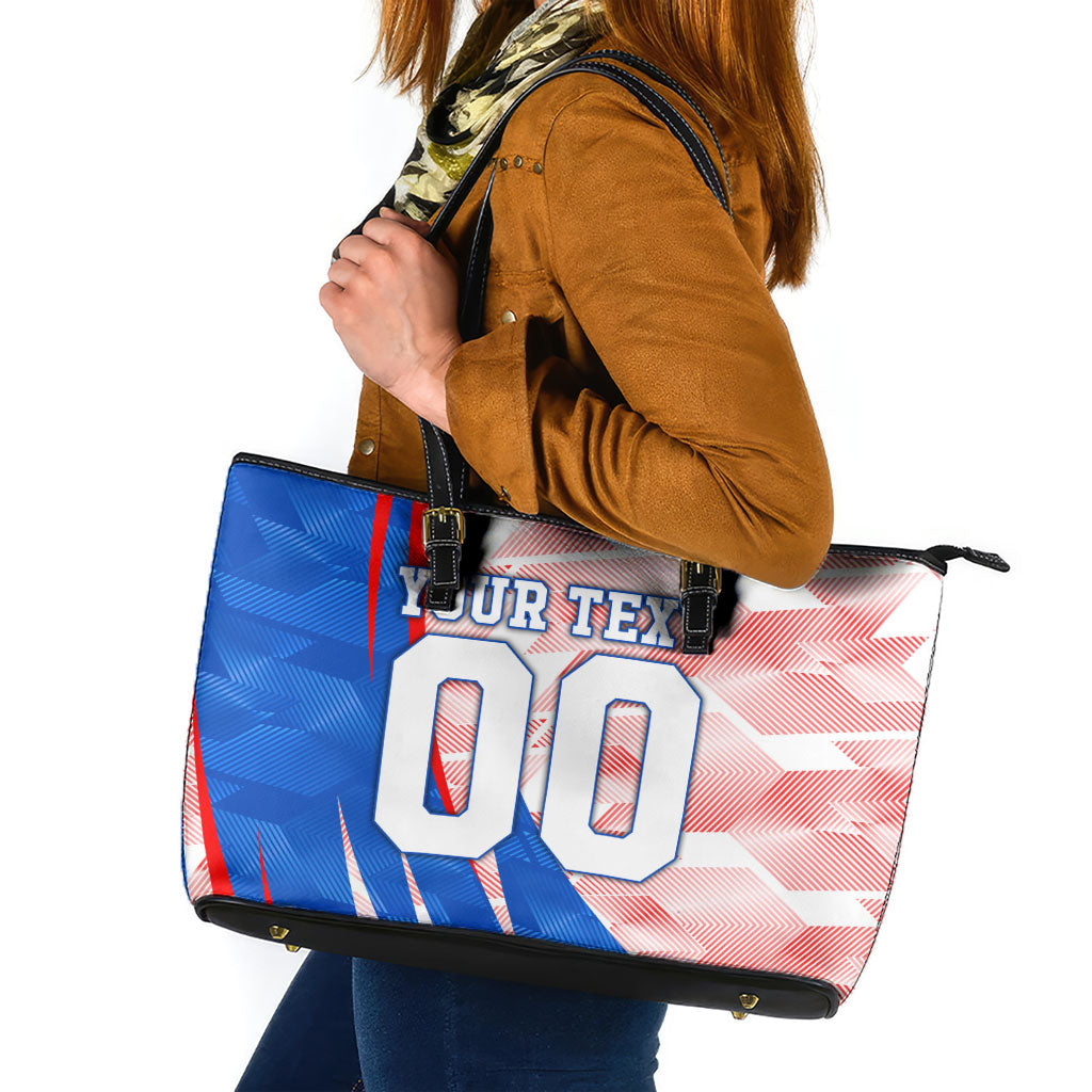 Personalized England Football Leather Tote Bag Powerful Lion Kicking Ball Red Blue Chevron Zigzag