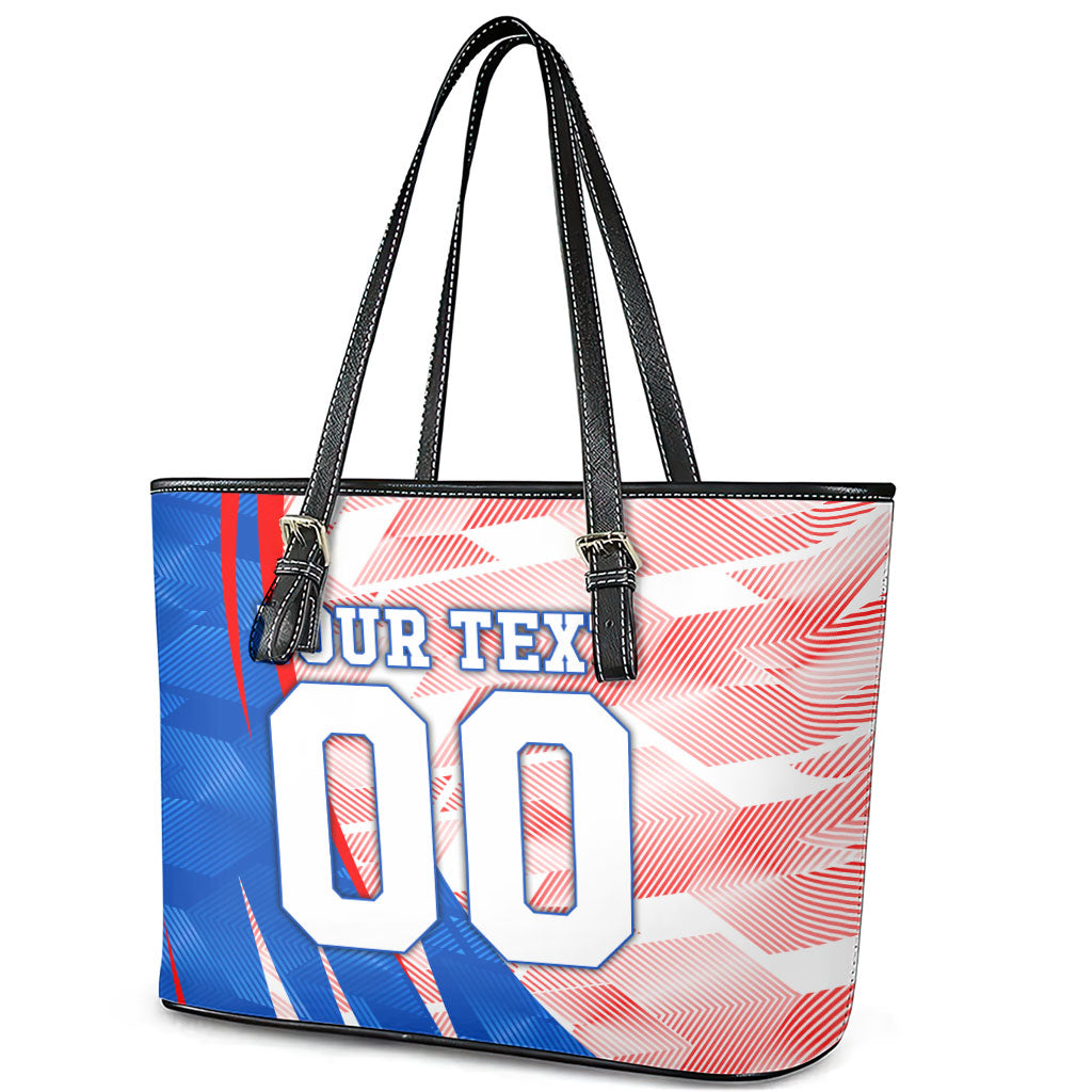 Personalized England Football Leather Tote Bag Powerful Lion Kicking Ball Red Blue Chevron Zigzag
