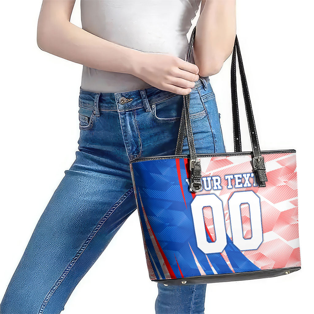 Personalized England Football Leather Tote Bag Powerful Lion Kicking Ball Red Blue Chevron Zigzag