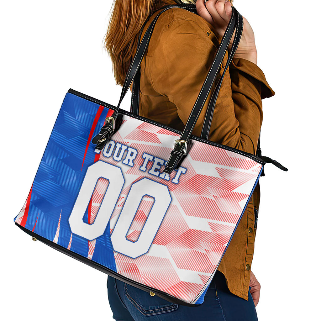 Personalized England Football Leather Tote Bag Powerful Lion Kicking Ball Red Blue Chevron Zigzag