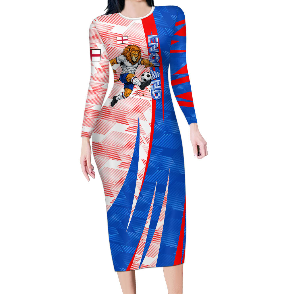 Personalized England Football Long Sleeve Bodycon Dress Powerful Lion Kicking Ball Red Blue Chevron Zigzag