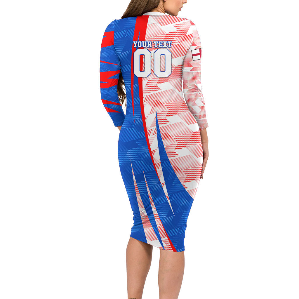 Personalized England Football Long Sleeve Bodycon Dress Powerful Lion Kicking Ball Red Blue Chevron Zigzag