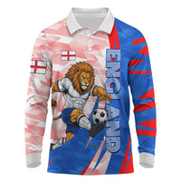 Personalized England Football Long Sleeve Polo Shirt Powerful Lion Kicking Ball Red Blue Chevron Zigzag