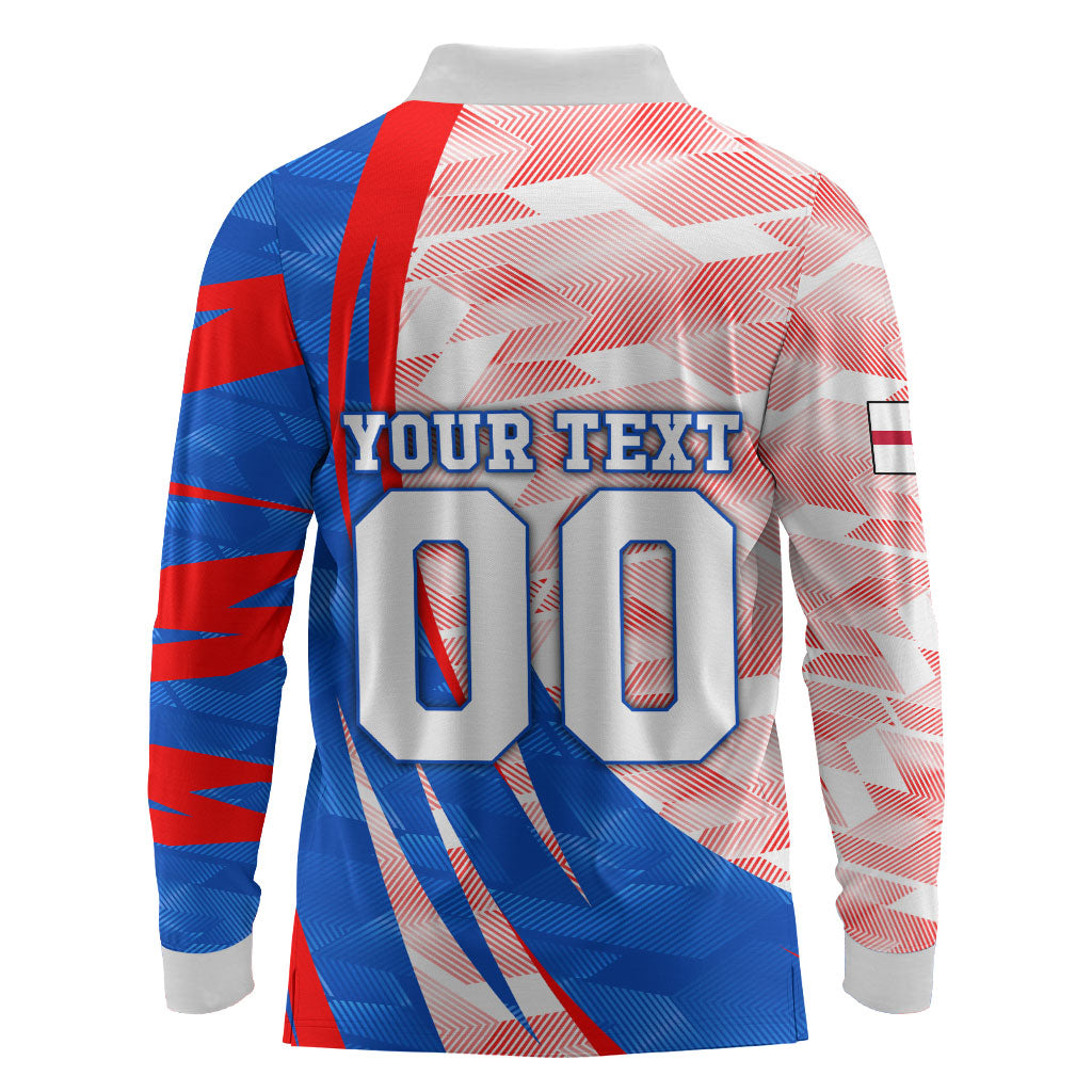 Personalized England Football Long Sleeve Polo Shirt Powerful Lion Kicking Ball Red Blue Chevron Zigzag