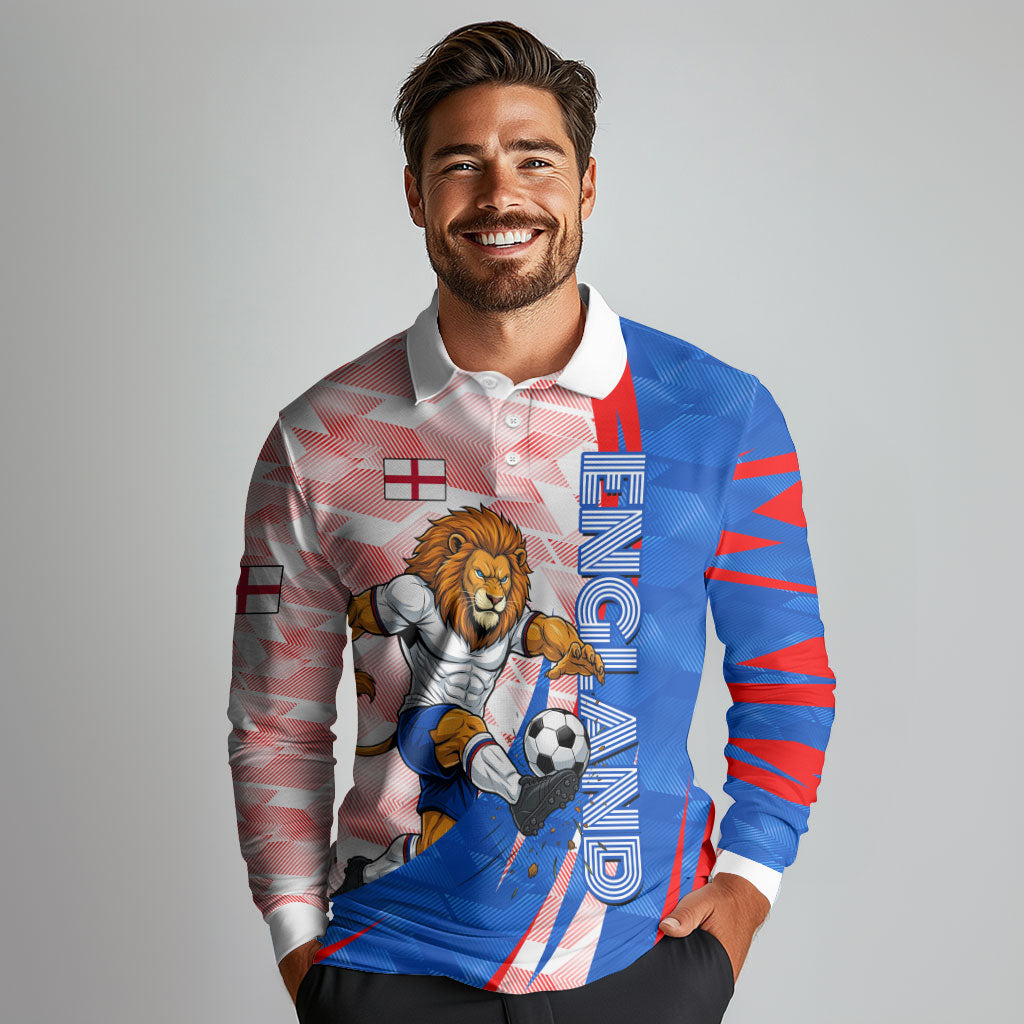 Personalized England Football Long Sleeve Polo Shirt Powerful Lion Kicking Ball Red Blue Chevron Zigzag
