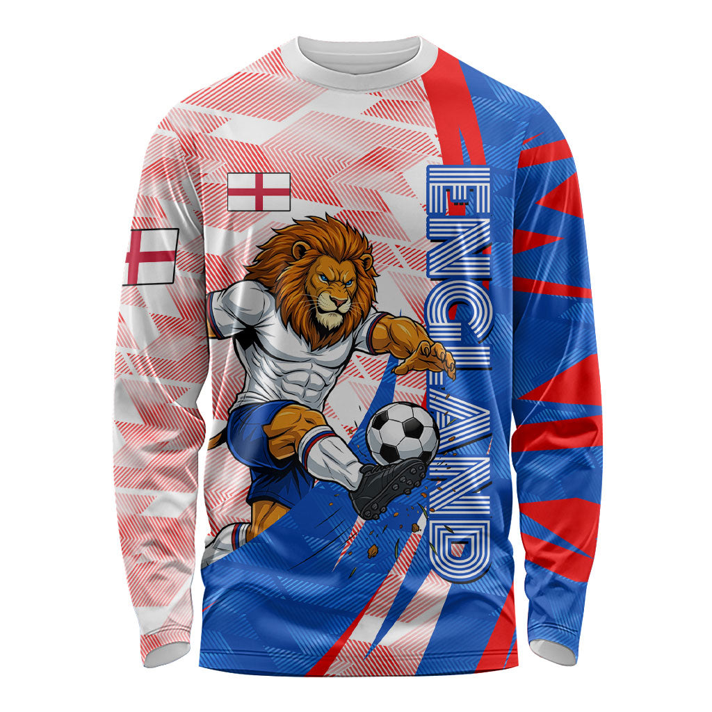 Personalized England Football Long Sleeve Shirt Powerful Lion Kicking Ball Red Blue Chevron Zigzag